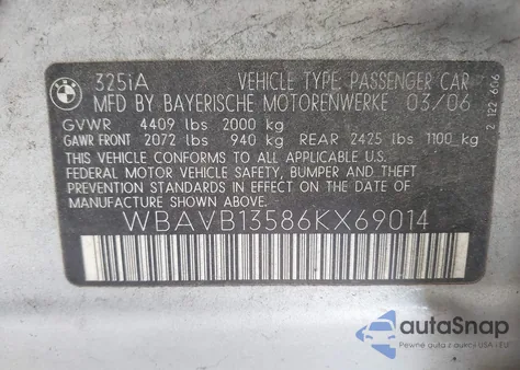 2006 BMW 325I from USA, damaged, VIN WBAVB13586KX69014